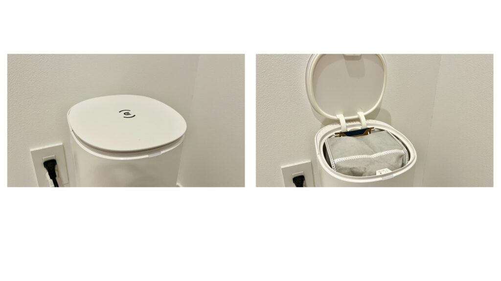 DEEBOT N8pro+の自動ゴミ収集ドックの外観とフタを開けた状態の比較写真。左は閉じた状態、右は開けて紙パック（ダストバッグ）が見える。