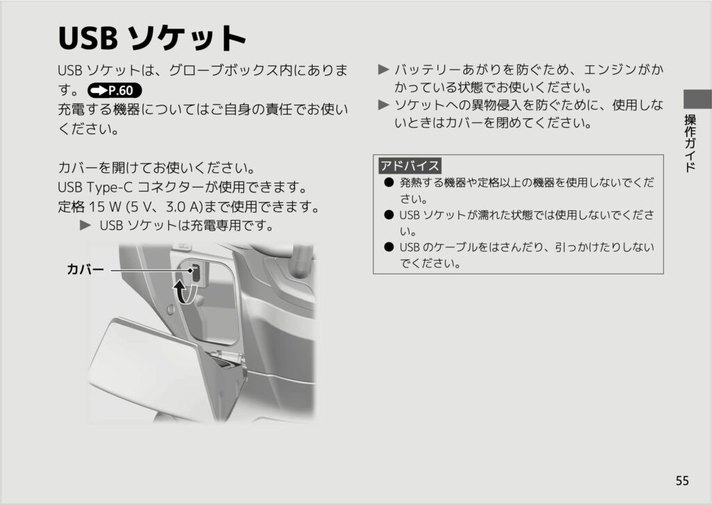 PCX(4型・5型)純正USBソケット位置（取扱説明書）