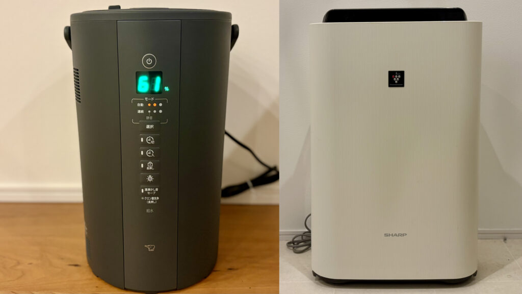 象印のスチーム式加湿器EE-TB60とSHARPの空気清浄機KC-F50が並んでいる画像。EE-TB60は湿度61%を表示し、操作パネルが見える。