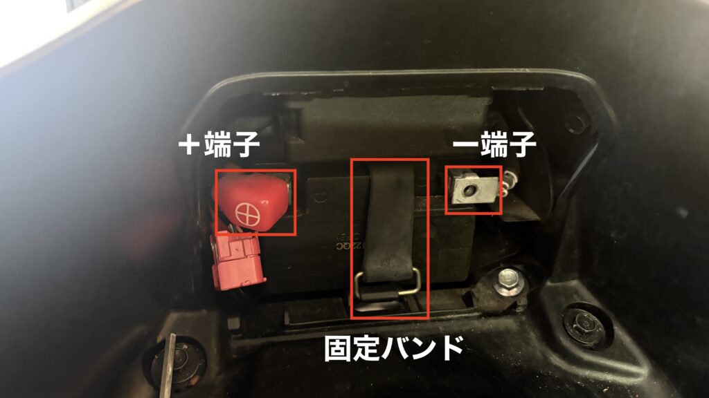 PCXのバッテリーのプラス端子、マイナス端子、固定バンドの位置
